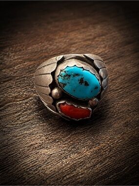 Vintage Navajo Sterling Silver Turquoise and Coral Shadowbox Ring Men’s 9.5-10.5